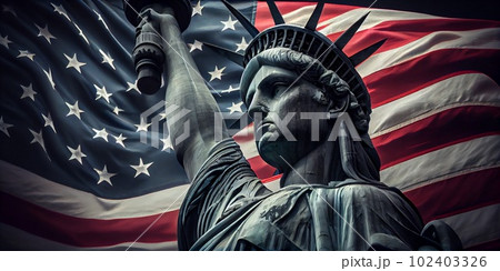 Statue of Liberty with the U.S. flag in the background. AI Generative 102403326