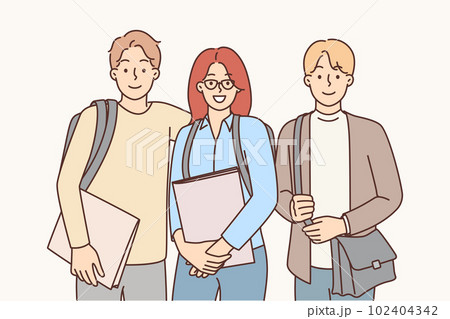 College friends with backpacks and workbooks smiling looking at camera for group photo with friends College friends with backpacks and workbooks smiling looking at camera for group photo with friends 102404342