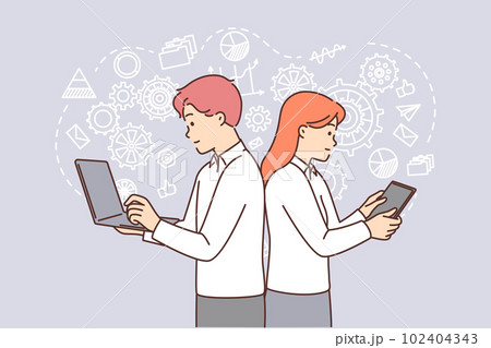 Man and woman with gadgets are doing business brainstorming standing among gears 102404343
