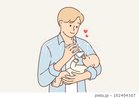 Man feeds newborn baby experiencing fatherly love for baby for concept of equal parenting 102404387