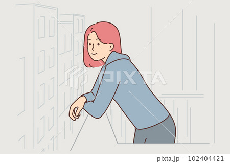 Young woman stands on balcony and admires city enjoying life in large metropolis 102404421
