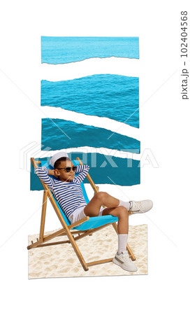 Little boy, child in striped shirt sitting on chair on sand and resting. Summer sea holidays. Contemporary art collage. 102404568