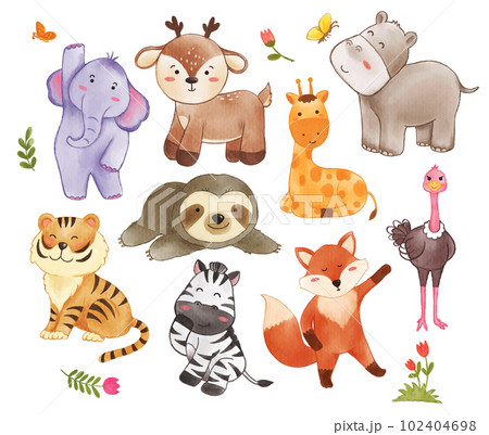 Collection of wildlife animals and plant elements . Watercolor painting cartoon character design . Vector . 102404698