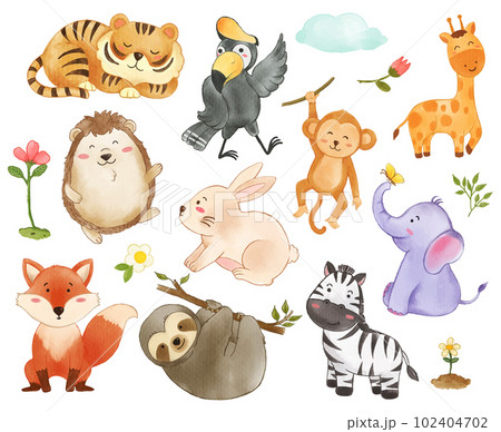 Collection of wildlife animals and plant elements . Watercolor painting cartoon character design . Vector . Collection of wildlife animals and plant elements . Watercolor painting cartoon character design . Vector . 102404702