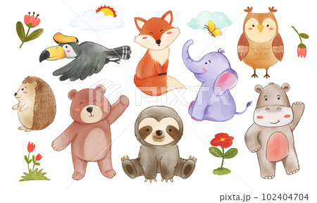 Collection of wildlife animals and plant elements . Watercolor painting cartoon character design . Vector . Collection of wildlife animals and plant elements . Watercolor painting cartoon character design . Vector . 102404704