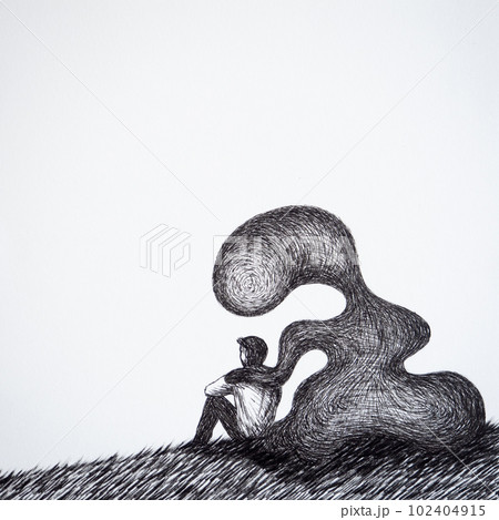 human man body sit with mind mental health healing spiritual sad pain depressed loneliness monster in your mind sadness negative energy emotion abstract art watercolor painting illustration drawing 102404915