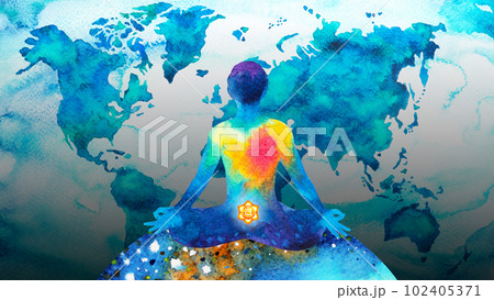 human meditate mind mental health yoga chakra spiritual healing abstract energy meditation connect the universe power watercolor painting illustration design drawing art 102405371