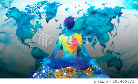 human meditate mind mental health yoga chakra spiritual healing abstract energy meditation connect the universe power watercolor painting illustration design drawing art 102405373