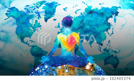 human meditate mind mental health yoga chakra spiritual healing abstract energy meditation connect the universe power watercolor painting illustration design drawing art 102405374