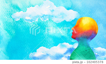 human head in blue sky abstract art mind mental health spiritual healing  free freedom feeling watercolor painting illustration design drawing 102405378