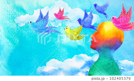 birds flying in blue sky abstract art mind mental health spiritual healing human head free freedom feeling watercolor painting illustration design drawing 102405379