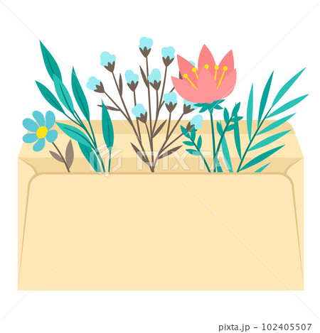 Envelope with flowers. Romantic letter with floral decor. 102405507
