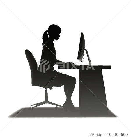 デスクのパソコンを使って事務処理をする女性のデスクワーカーのシンプルなシルエット 102405600
