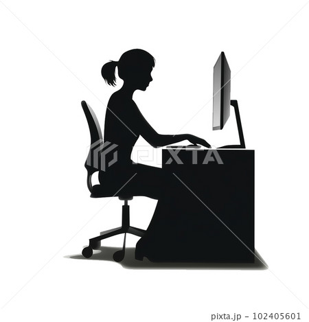 座ってパソコンを使って事務処理をする女性のデスクワーカーのシンプルなシルエット 座ってパソコンを使って事務処理をする女性のデスクワーカーのシンプルなシルエット 102405601