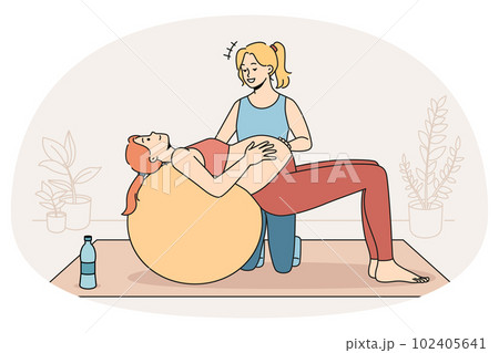 Female coach help pregnant woman with exercising Female coach help pregnant woman with exercising 102405641