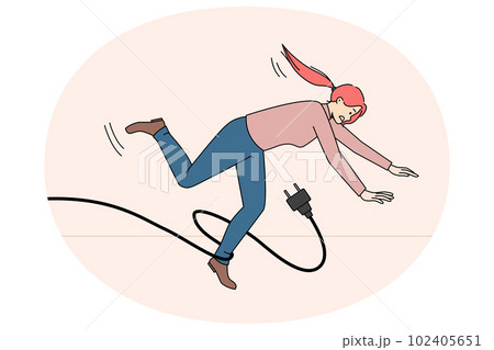 Clumsy woman fall stumble with power cable 102405651