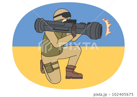 Soldier with missile weapon on Ukrainian flag isolated 102405675