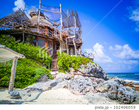 Playa Paraiso, Mexico. Small wooden hut on Riviera Maya, Quintana Roo. 102406059