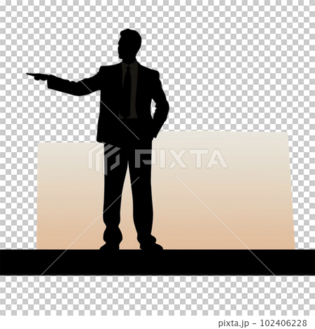 A full-body silhouette of a male businessman who makes a confident presentation on the stage 102406228