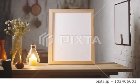 Menu mack up blank for text marketing promotion. Mock up Menu frame standing on wood table in restaurant space for text. 102406603
