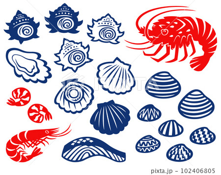 海の幸の切り絵風イラストセット 102406805