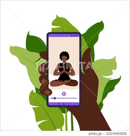 Yoga online concept. Woman doing yoga exercise at home with african online instructor on mobile phone. Wellness and healthy lifestyle at home. Woman doing yoga exercises. Vector illustration in flat. 102406806