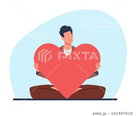 Young man in lotus pose embraces large red heart with thoughtfulness and love. Happy boy meditating. Charity or volunteer, romantic person, cartoon flat style isolated vector concept Young man in lotus pose embraces large red heart with thoughtfulness and love. Happy boy meditating. Charity or volunteer, romantic person, cartoon flat style isolated vector concept 102407010