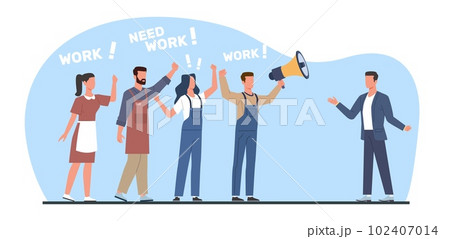 Workers demand jobs from management representative, concept of unemployment. Industrial action, economical crisis, bankrupt company, protest demonstration Vector cartoon flat illustration 102407014