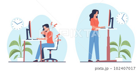 Woman works in an office sitting at computer or standing using standing desk. Home or office workplace. Ergonomic table, healthy workstation. Cartoon flat style isolated vector concept Woman works in an office sitting at computer or standing using standing desk. Home or office workplace. Ergonomic table, healthy workstation. Cartoon flat style isolated vector concept 102407017