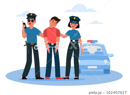 Two policemen and woman arrested criminal and handcuffed him. Lawbreaker punishment. Detention of male citizen, cops and hooligan character. Cartoon flat style isolated vector concept 102407027