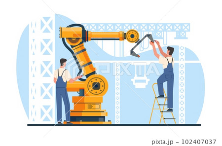 Robotics experts maintain industrial equipment, automated machine. Mechanic and hydraulic manufacture manipulator machinery, conduction industry. Cartoon flat isolated vector concept 102407037