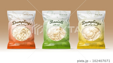 Dumplings packaging design. Realistic plastic bags with frozen ravioli, dumplings and varenyky different types, dough with fillings vial, pork and cheese, 3d isolated element utter vector set 102407071
