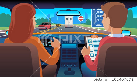 Driving instructor sits in car next to novice female driver. Man and woman sitting in automobile back view, student character on city road cartoon flat style isolated vector exam concept Driving instructor sits in car next to novice female driver. Man and woman sitting in automobile back view, student character on city road cartoon flat style isolated vector exam concept 102407072