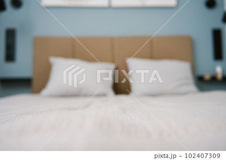 Front view of bed with two pillows 102407309