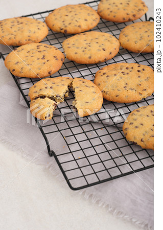 traditional american chocolate chip cookies on a rack on table. home made tasty crunchy cookies 102410243