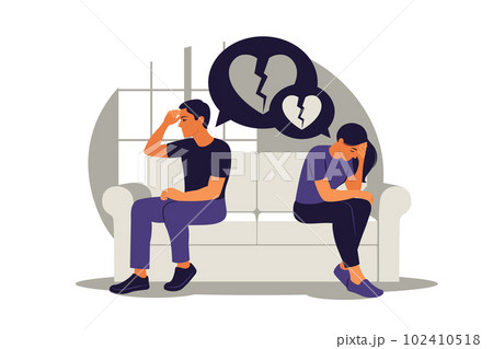 Concept of divorce, misunderstanding in family. Disagreement, relationship troubles. Man and woman in a quarrel. Conflicts between husband and wife. Vector. Flat 102410518