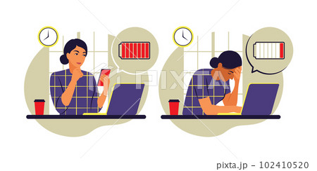 Professional burnout syndrome. Happy and tired female office worker sitting at the table. Frustrated worker, mental health problems. Vector illustration. Flat. 102410520
