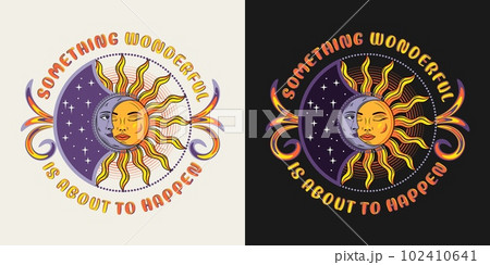 Label with eclipse with sun, crescent moon, text. Mythological fairytale characters with face, magic, mystical, astrology symbols. For clothing, apparel, T-shirts, surface decoration, kids design 102410641