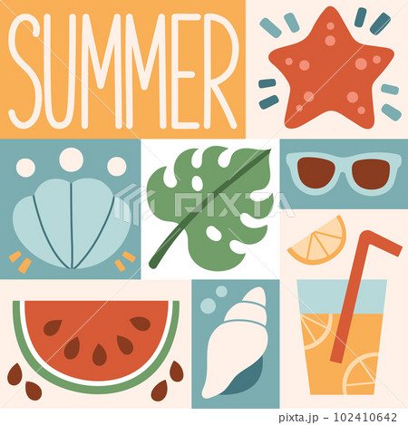 Summer graphic poster. Summer time, background patterns on the theme of summer, vacation, weekend, beach. 102410642