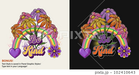 Summer label with rainbow, chamomile bouquet , halftone shapes, paint splatter, editable text effect. Groovy, hippie retro style. For clothing, apparel, T-shirts, surface decoration 102410643