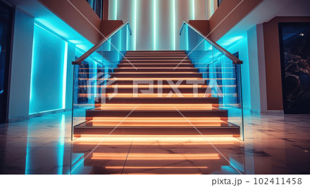 Stairs with LED lighting in a modern interior. Ai generated. 102411458