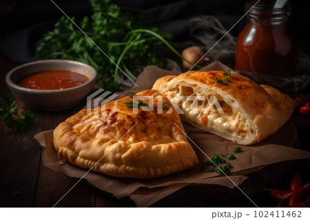 Tasty crusty Hungarian langos served with sour cream, grated cheese and ham and corn with herbs. Generative Ai 102411462
