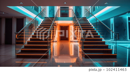 Stairs with LED lighting in a modern interior. Ai generated. 102411463