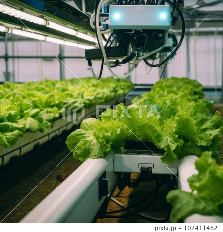 Smart farming agricultural technology Robotic arm harvesting hydroponic lettuce in a greenhouse. Generative AI Smart farming agricultural technology Robotic arm harvesting hydroponic lettuce in a greenhouse. Generative AI 102411482