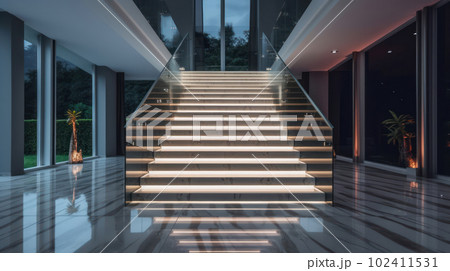 Stairs with LED lighting in a modern interior. Ai generated. 102411531