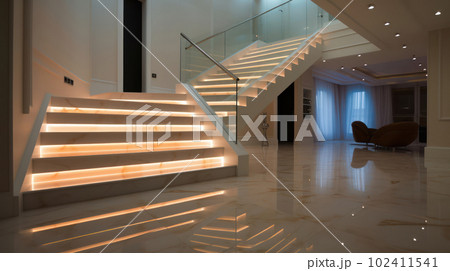 Stairs with LED lighting in a modern interior. Ai generated. 102411541
