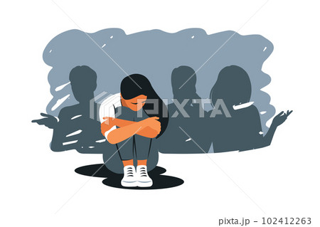 Social phobia, anxiety disorder consept. Sad woman struggle with loneliness and solitude in crowd. Outcast. Vector illustration. 102412263