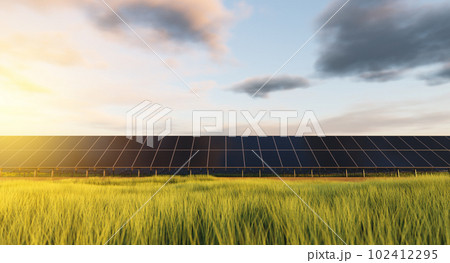 Rows of solar panels in a field on a background of green grass. Ground power plant of alternative electricity 102412295