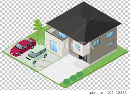 アイソメ　家と車 102412381