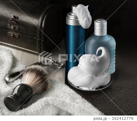 Shaving accessories set on dark background mockup Shaving accessories set on dark background mockup 102412776